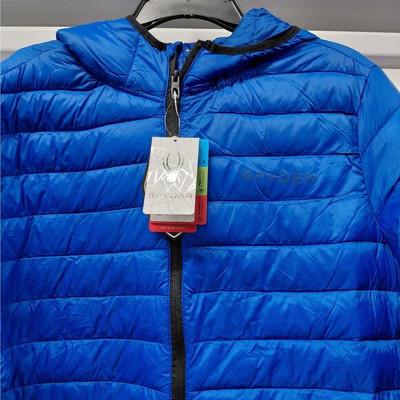 Spyder Mens Large Hooded Jacket Electric Blue Packable ThermoWeb Water Resistant - Picture 4 of 16